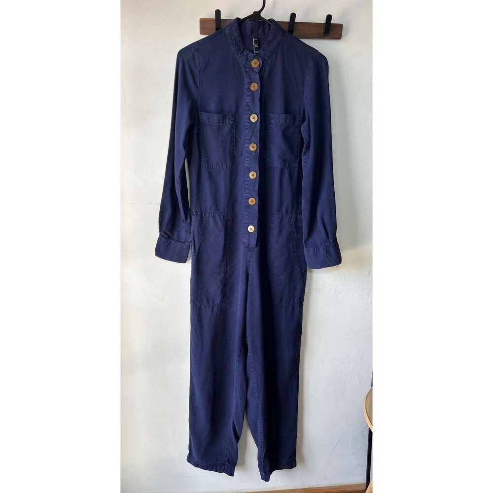 ZARA TRF Blue Cotton Twill Button Front Pocket Long Sleeve Jumpsuit XS Women